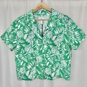 Nicole Miller Womens Button Linen Hawaiian Shirt Size S Tropical Pineapple Boxy